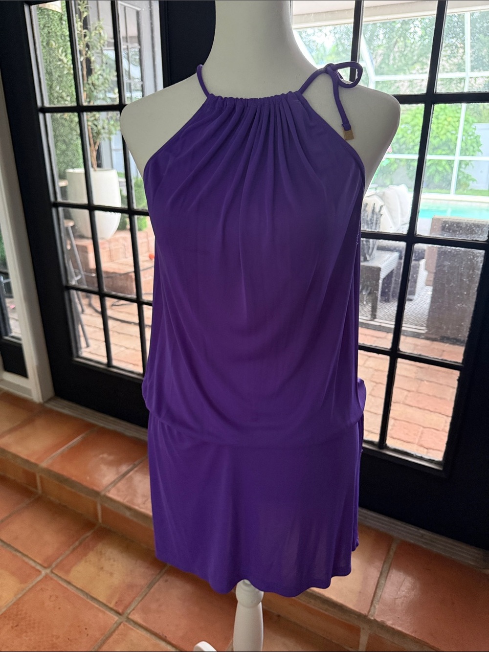 Cia Maritima Purple Halter Dress/Swim Cover w  drawstring neck & waist. Size S